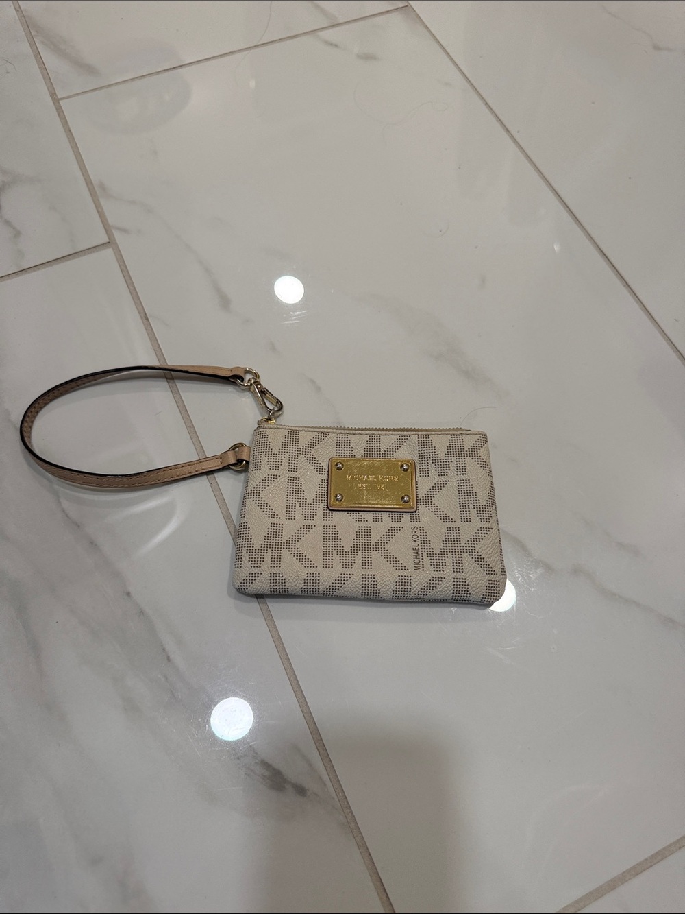 Michael Kors Cream Beige MK Logo Wristlet with Gold Plaque